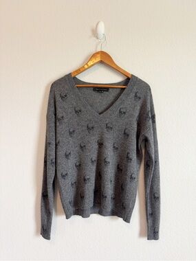 Skull Cashmere Charcoal Gray Mini Skull Riley V Neck 100% Cashmere Sweater XS